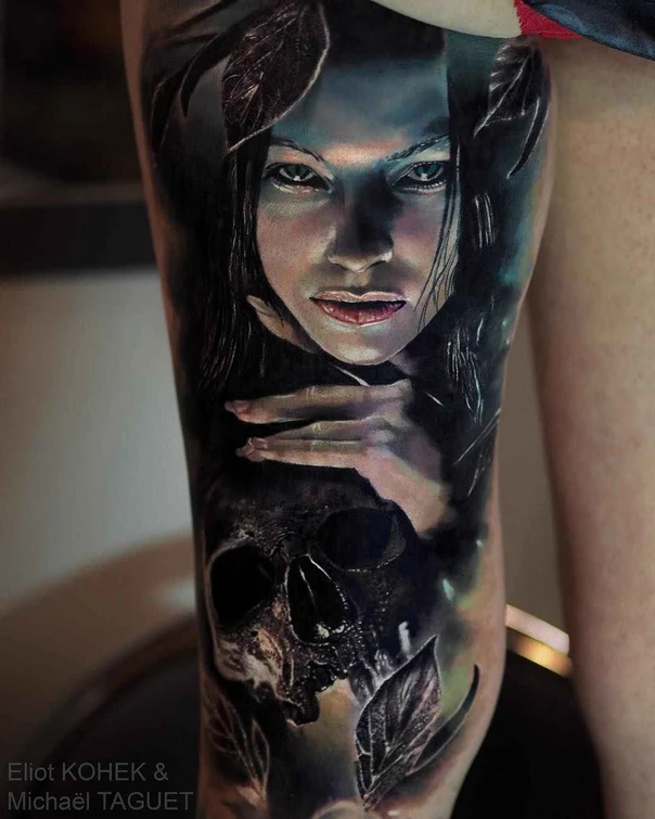 Realism Skull, Portrait tattoo on Thigh