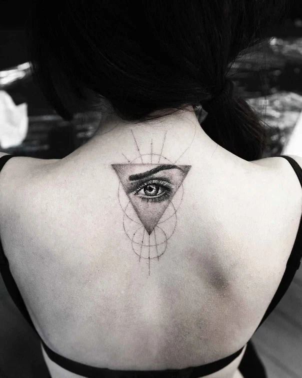 Geometric Eye, Sacred geometry tattoo on Upper Back