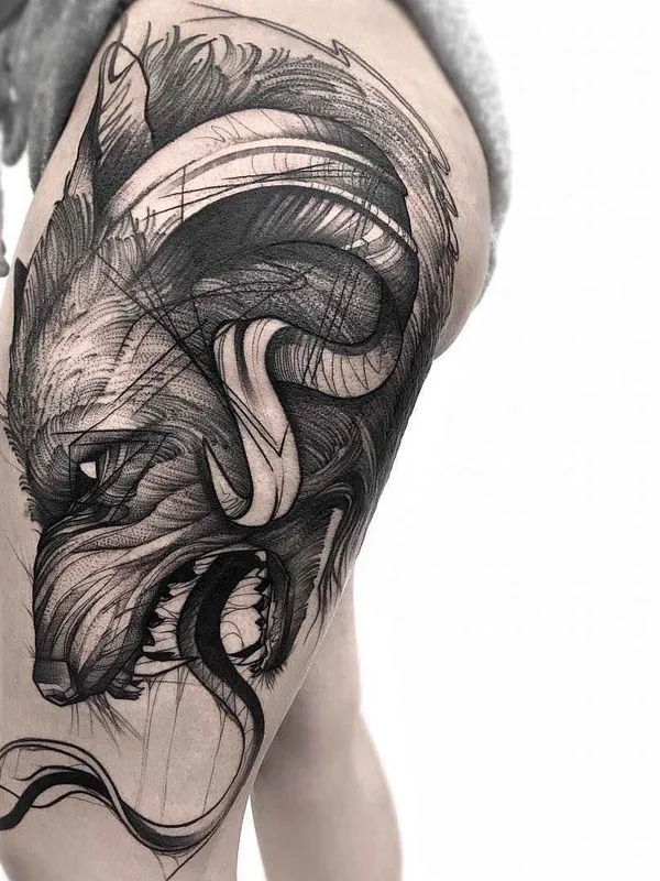 black and grey sketch 纹身 在 thigh #17009 | 纹身师 Frank Carrilho
