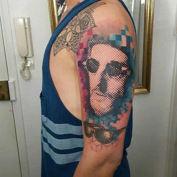 Watercolor Skull, Sunglasses tattoo on Full Sleeve