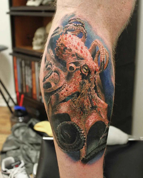 Realism Octopus tattoo on Calf