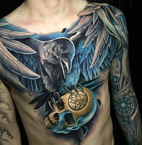 Realism Raven, Skull tattoo on Chest