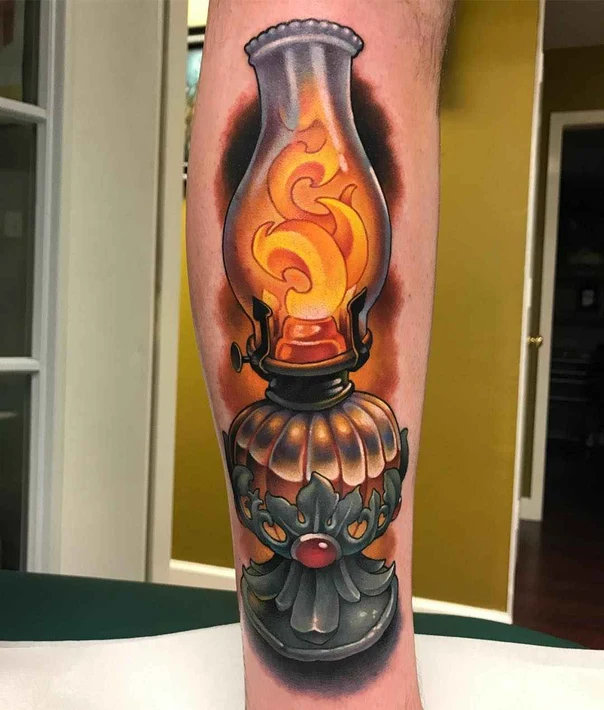 Neo Traditional Lamp tattoo on Calf