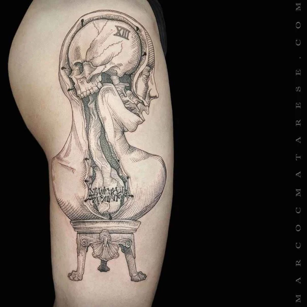Engraving Skull, Anatomy tattoo on Thigh
