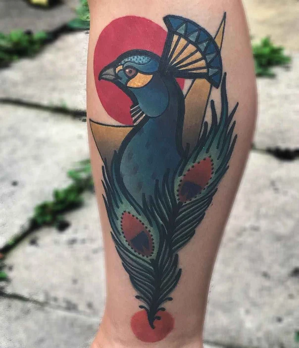 Neo Traditional Peacock, Feather tattoo on Calf