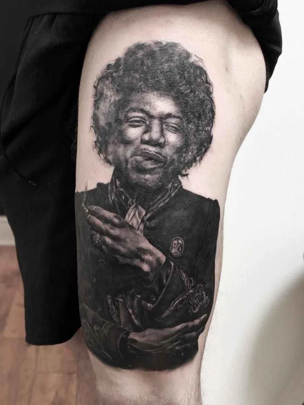 black and grey realism tatouage sur thigh #16972 | Artiste tatoueur Anthony Jenkins
