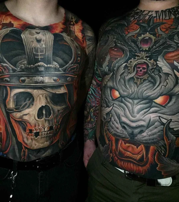 Realism Skull, Crown tattoo on Chest