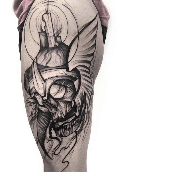 Blackwork Skull, Wings tattoo on Thigh