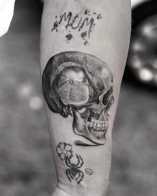 Black & Grey Skull, Spider tattoo on Forearm