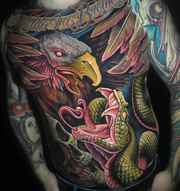 Realism Eagle, Snake tattoo on Chest