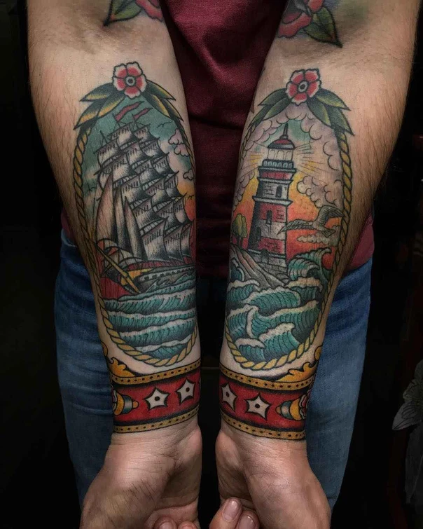 Традиционная Ship, Lighthouse tattoo на Предплечье