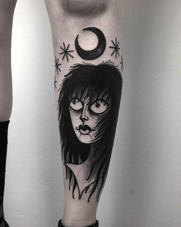 Blackwork Face, Moon tattoo on Calf