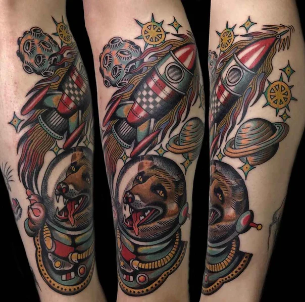 Нео-традиционная Rocket, Dog tattoo на Икра