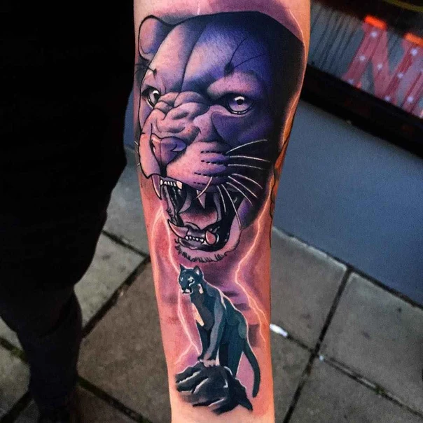 Illustrative Panther, Lightning tattoo on Forearm