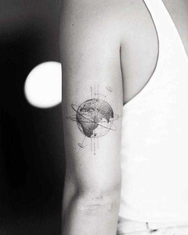 Linework Globe, Planets tattoo on Upper Arm