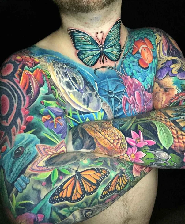 Realism Butterfly, Turtle tattoo on Full body