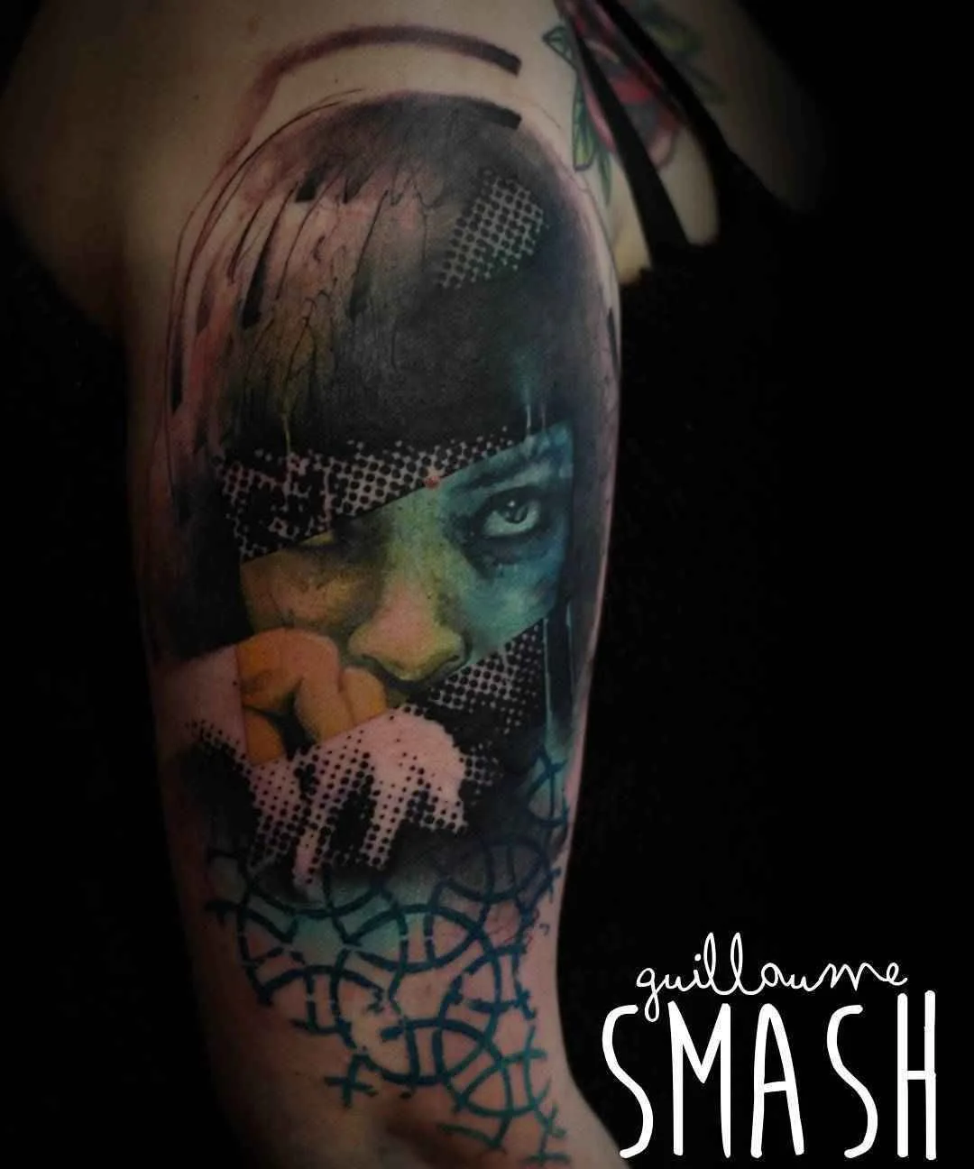 Tattoo artist Guillaume Smash color abstract watercolor tattoo in authors style | France
