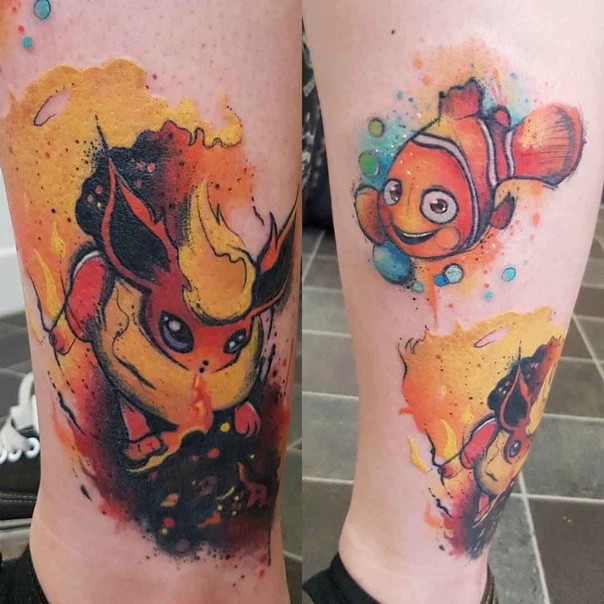 Watercolor Pokemon, Fish tattoo on Calf