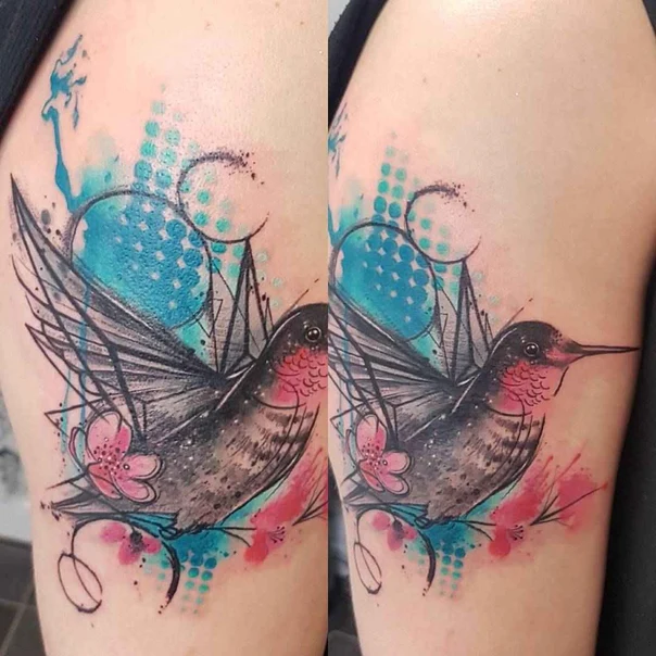 Watercolor Hummingbird, Flowers tattoo on Upper Arm