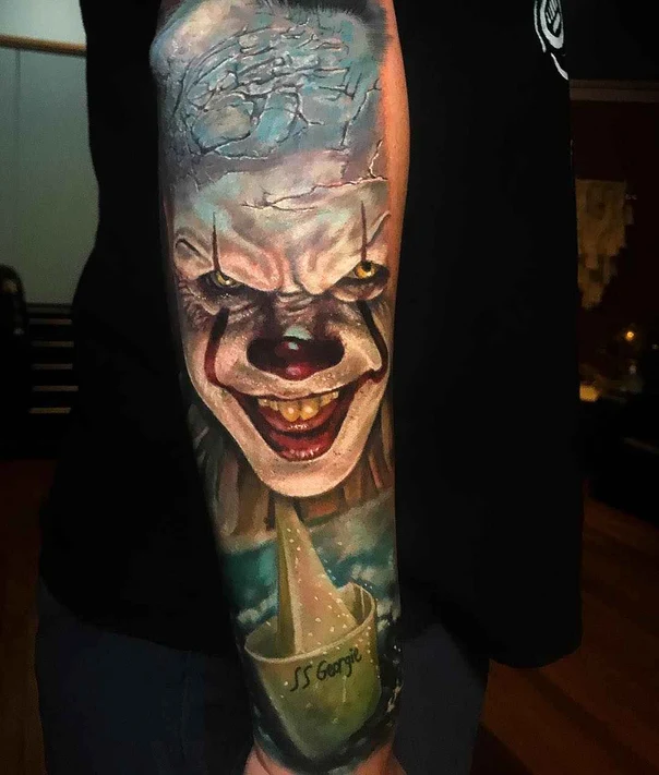 Realism Clown, Horror tattoo on Full Sleeve