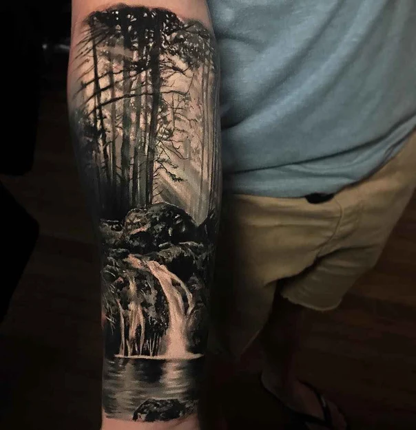 Realism Forest, Waterfall tattoo on Forearm