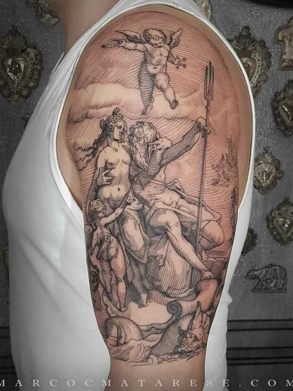 black and grey engraving Tatuaggio su upper arm #16738 | Tatuatore Marco C. Matarese