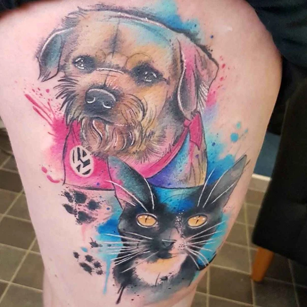 Watercolor Dog, Cat tattoo on Thigh