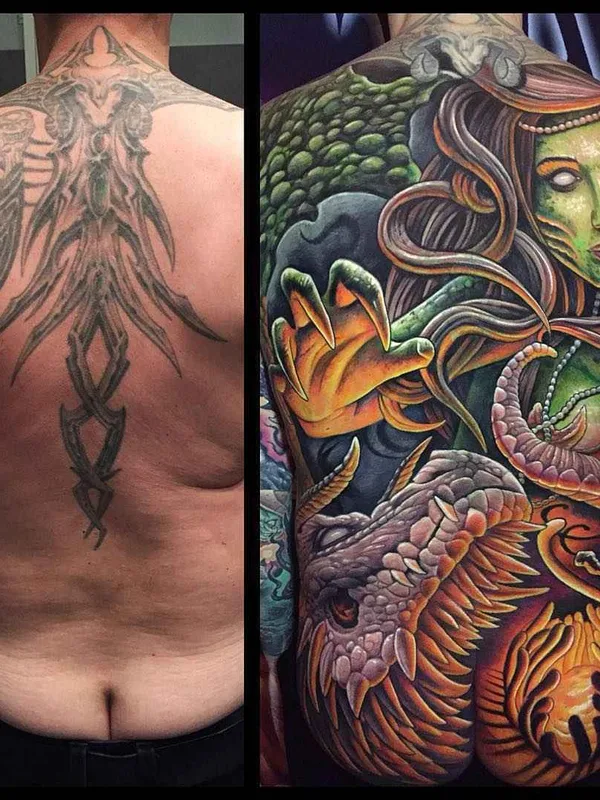 male color realism tatouage sur full back #16832 | Artiste tatoueur Julian Corpsepainter Siebert
