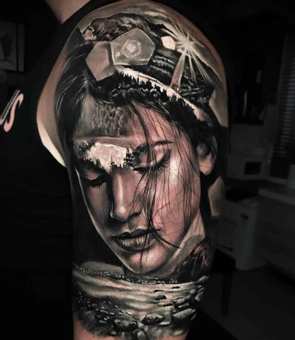 Realism Portrait, Landscape tattoo on Shoulder
