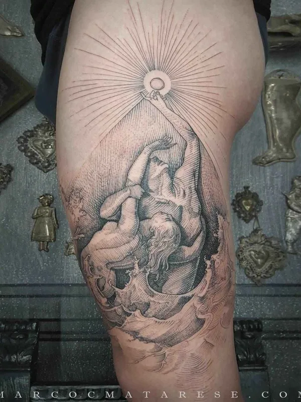 black and grey engraving Tatuaggio su thigh #16743 | Tatuatore Marco C. Matarese