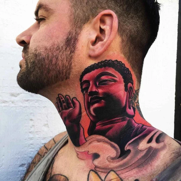 Realism Buddha, Clouds tattoo on Neck