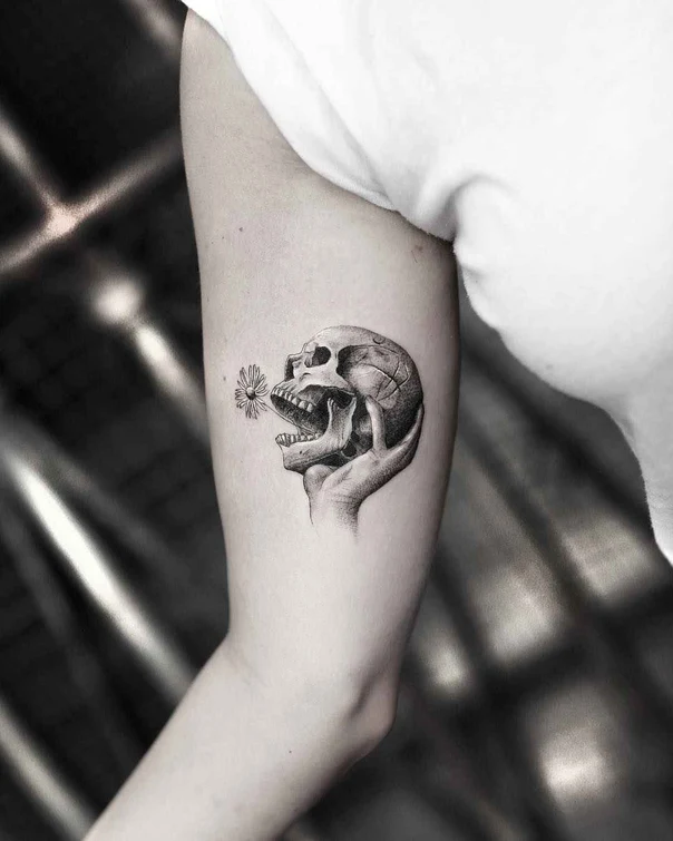 Black & Grey Skull, Flower tattoo on Forearm