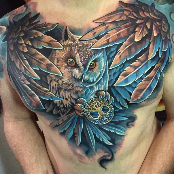 Realism Owl, Wings tattoo on Chest