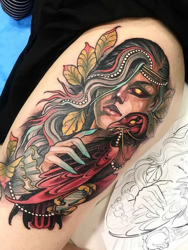 female color illustrative Tatuaggio su thigh #17147 | Tatuatore Isnard Barbosa
