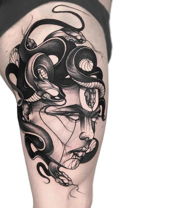 Blackwork Medusa, Snakes tattoo on Thigh