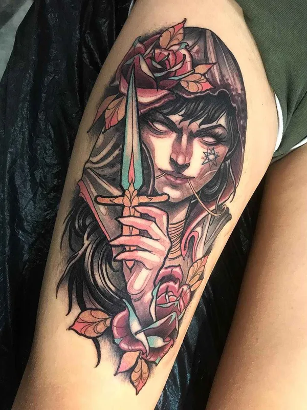 female color neo traditional Tatuaggio su thigh #17150 | Tatuatore Isnard Barbosa