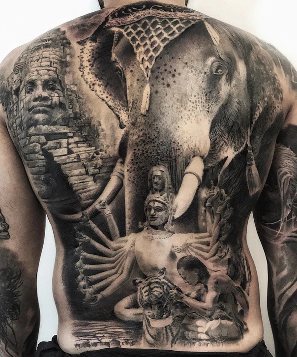 Realism Elephant, Statue tattoo on Full Back