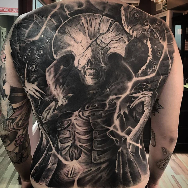 Black & Grey Skull, Skeleton tattoo on Full Back
