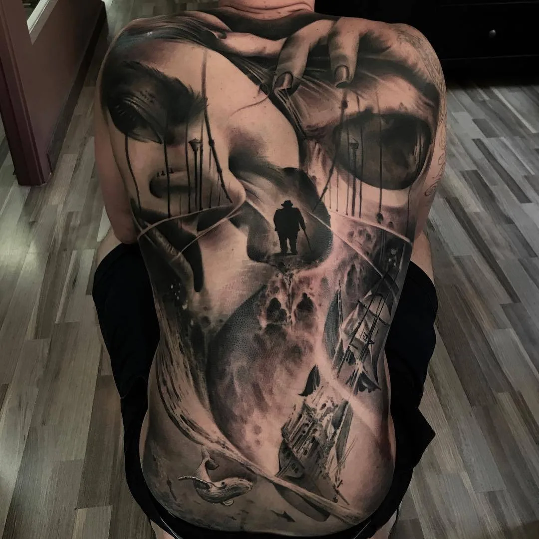 Artista del tatuaggio Ezequiel Samuraii, ritratto nero e grigio surreale horror tatuaggio realistico | Barcellona, Spagna