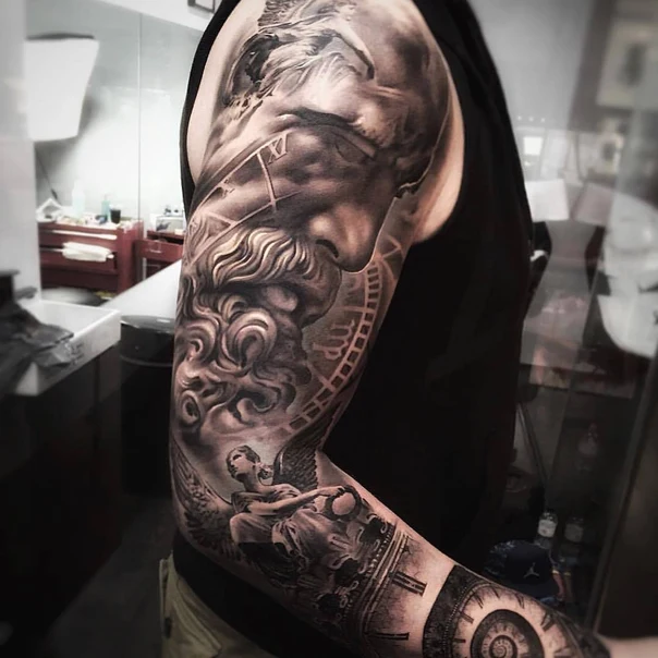 Realism Statue, Angel tattoo on Full Sleeve