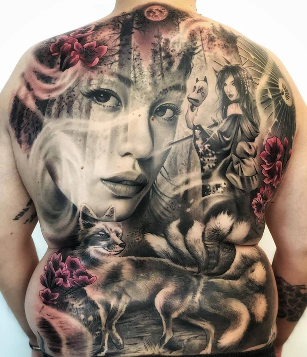 Realism Geisha, Fox tattoo on Full Back