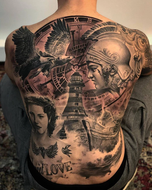 Realism Eagle, Lighthouse tattoo on Full Back