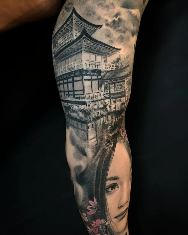 Japanese Temple, Portrait tattoo on Full Sleeve