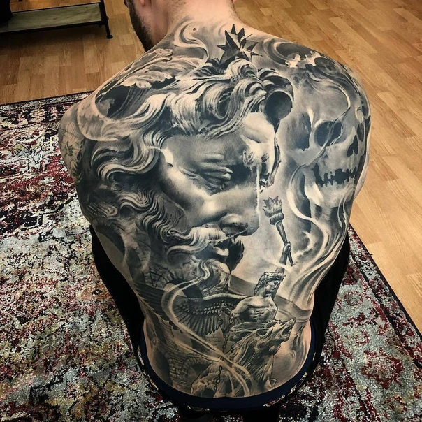 Realism Statue, Skull tattoo on Full Back