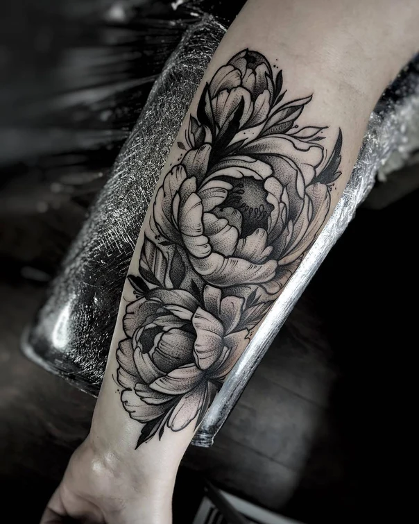 Black & Grey Flower, Peony tattoo on Forearm