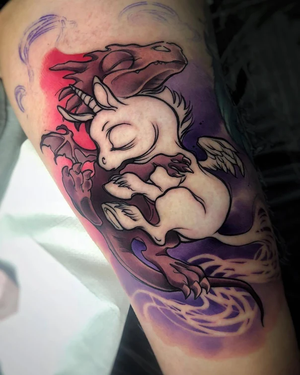 Illustrative Dragon, Unicorn tattoo on Forearm