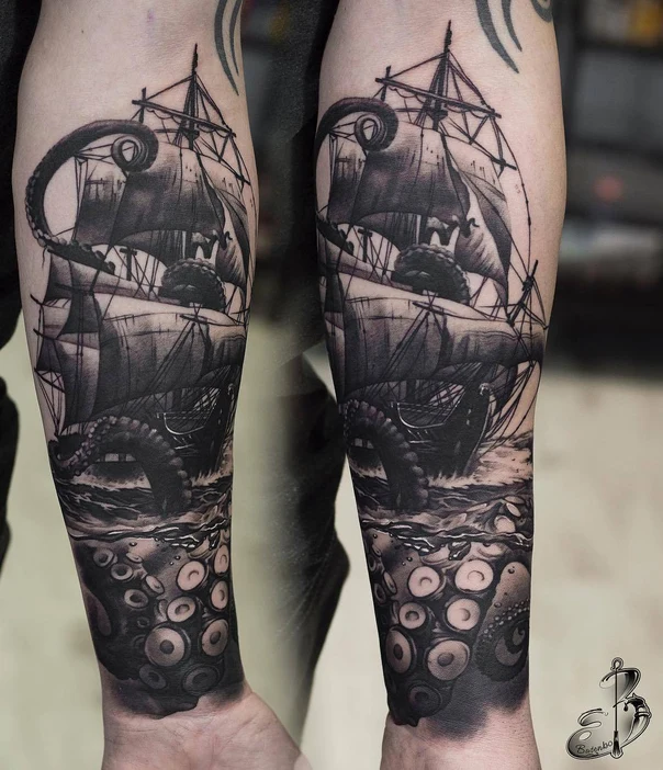 Black & Grey Ship, Kraken tattoo on Forearm