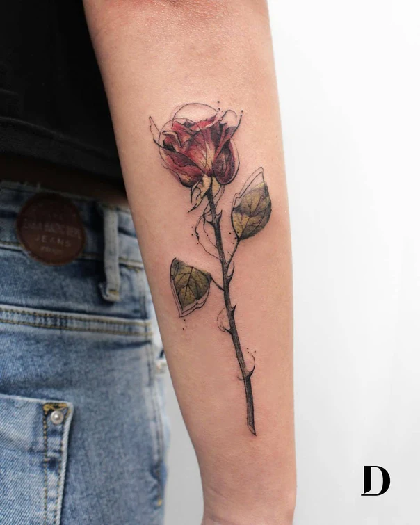 Watercolor Rose, Botanic tattoo on Forearm
