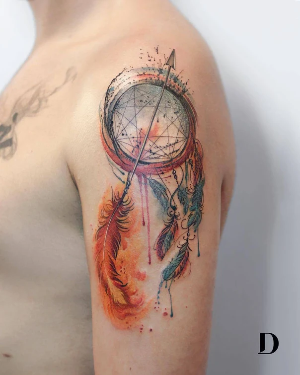 Watercolor Dreamcatcher, Arrow tattoo on Shoulder