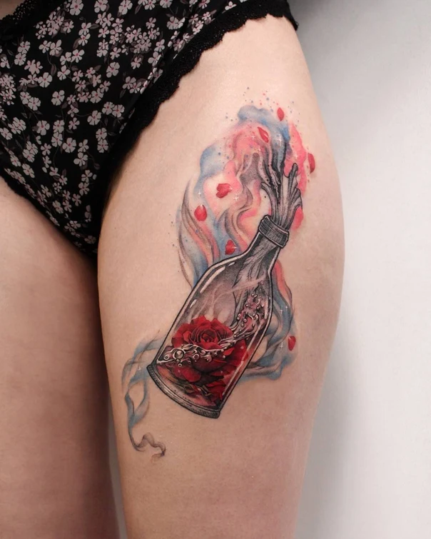 Watercolor Rose, Bottle tattoo on Thigh